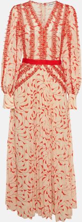 Self Portrait Cream/red Printed Chiffon Guipure Lace Trim Plisse Dress