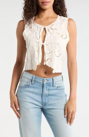 Lucky Brand Lacey Flyaway Embroidered Cotton Tie Front Top in Cream at Nordstrom, Size Xx-Large