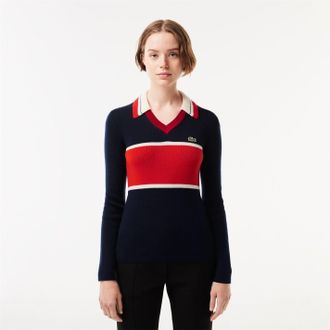 Lacoste Womens V-Neck Long Sleeve Sweater in Blue/Sunrise - Navy - Size 6 UK
