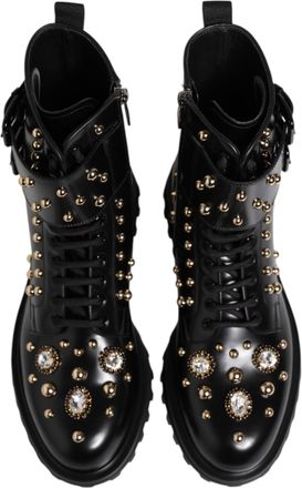 Dolce & Gabbana Mens Black Studded Lace Up Mid Calf Boots Shoes Calfskin Leather