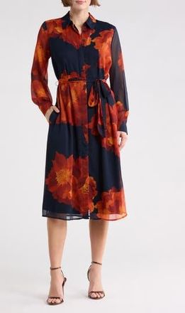 Calvin Klein Long Sleeve Chiffon Midi Dress in Indigo Multi at Nordstrom Rack, Size 16