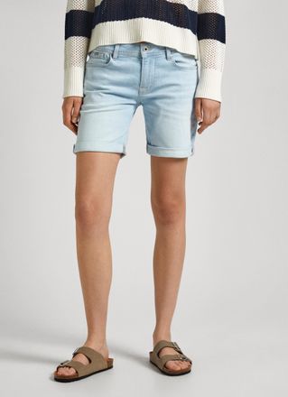 Pepe Jeans London Slim-fit-Jeans PEPE JEANS Shorts SLIM SHORT MW, Damen, Gr. 26, N-Gr, blau (bleach destr), Denim/Jeans, Obermaterial: 98% Baumwolle, 2% Elasthan, slim 