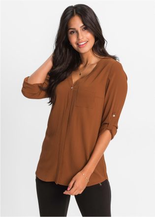 Bonprix Longbluse BONPRIX Longbluse, Damen, Gr. 34, braun (cognac), Obermaterial: 97% Polyester, 3% Elasthan, unifarben, V-Ausschnitt, mit Riegel, Blusen Long