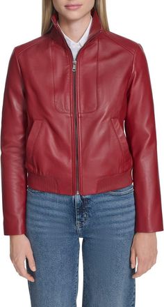Cole Haan Stand Collar Leather Bomber Jacket in Dark Red at Nordstrom, Size X-Small