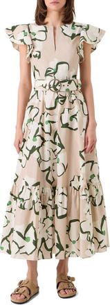 Akris Papercut Floral Print Belted Cotton Dress in Beige-Cream-Olive at Nordstrom, Size 10
