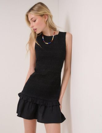 Nobody's Child Black Shirred Henley Mini Dress