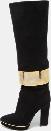 Sergio Rossi Black Suede Metal Cuff Platform Knee Length Boots