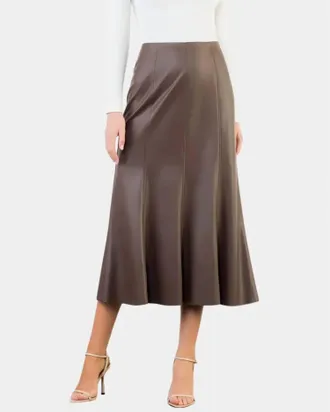 THML Clothing Vegan Leather Midi Skirt In Brown