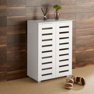 Home Source Industries Home Source - Oslo 2 Door White Wooden Shoe Storage Cabinet Rack Stand Cupboard Slatted Doors