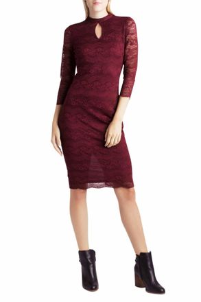 Kensie High Neck Key Hole Bodycon Floral Lace Dress In Red