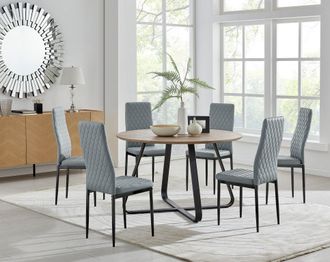 Furniturebox Santorini Brown Round Dining Table & 6 Milan Black Leg Chairs in Grey