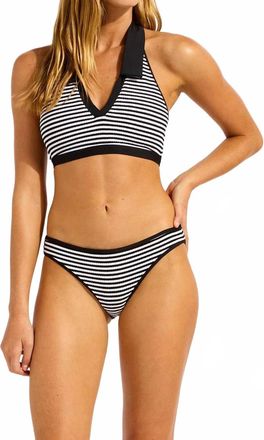 Seafolly Clubhouse Halter Top With Collar Hipster Pant Bikini In Navy Stripe