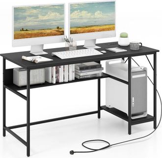 Costway 140 x 60 CM Computer Desk w/ Charging Station & 4 Power Outlets-Black