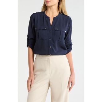 T Tahari Roll Tab Snap-Up Shirt in Navy at Nordstrom Rack, Size X-Large