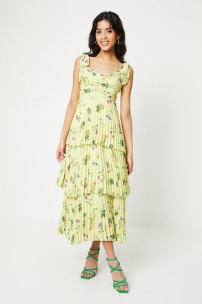 Oasis Womens Petite Floral Pleated Tie Shoulder Midi Dress - Yellow - Size 16 UK