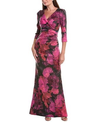 Teri Jon by Rickie Freeman Floral Stretch Mikado Ruched 3/4-Sleeve Gown