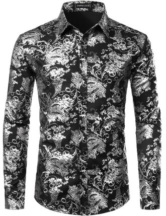 PARKLEES Mens Luxury Paisley Gold Shiny Printed Stylish Slim Fit Button Down Dress Shirt PZLCL18 Black Silver XXL