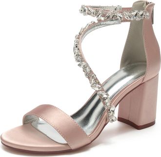 Generic Womens Rhinestones Bridal Heels 8Cm Chunky Block Heels Ankle Strap Wedding Party Prom Dressy Sandals with Back Zipper,Bean Paste,10 UK