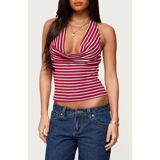 Edikted Stripe Cowl Neck Halter Top in Red-And-White at Nordstrom, Size X-Small
