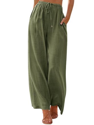 SHEKINI Womens Linen Trousers Summer Wide Leg Palazzo Pants Ladies Flowy Straight Trousers for Women UK Drawstring Elastic Waist with Pockets Green