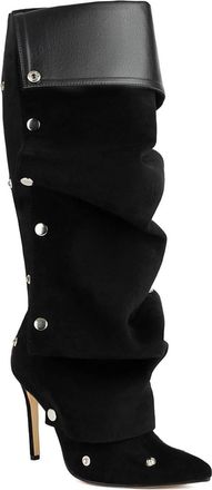 Generic Womens Stiletto High Heel Long Boots with Studded Pointed Toe Knee High Boots Faux Suede Casual Boot with Zipper,Black,6.5 UK