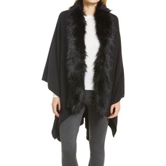 La Fiorentina Ruana with Faux Fur Trim in Black at Nordstrom