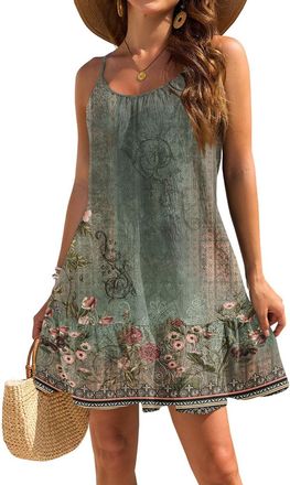 Generic Summer Dresses for Women UK, Womens Summer Dresses Spaghetti Strap Floral Print Tiered Swing A Line Short Sundresses Ladies Beach Cover Up Dress Birth
