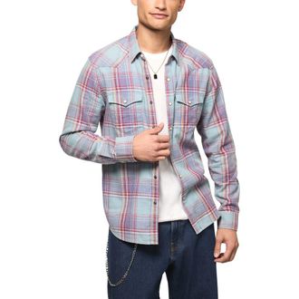 Lucky Brand Plaid Flannel Acid Wash Western Shirt in Blue Multi at Nordstrom, Size Xx-Large