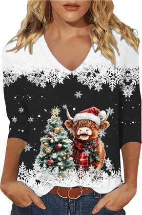 Generic Highland Cow Shirts 3/4 Length Sleeve Funny Highland Cow Tops for Women Cute Cow Shirts for Women V Neck Christmas T Shirt Highland Cow Gifts