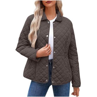 Generic Womens Quilted Jackets Lightweight Winter Jacket for Women Loose Casual Padded Coat Patchwork Puffer Coats Fashion Round Neck Button Lapel Collar Warm