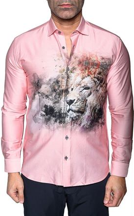 Maceoo Fibonacci Lion Contemporary Fit Button-Up Shirt in Pink at Nordstrom, Size 2