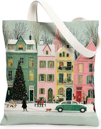 Generic Vintage Pastel Houses Canvas Tote Bags, Winter Scene Reusable Grocery Bags, Artistic Lightweight Washable Shoulder Strap Ca, Pastel, 13x15 Inch