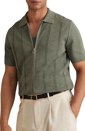 Reiss Tay Pointelle Short Sleeve Zip-Up Cardigan in Sage at Nordstrom Rack, Size Xx-Large