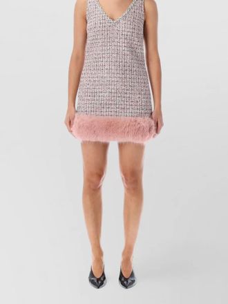 Self Portrait boucl&eacute; mini dress faux fur trim crystals