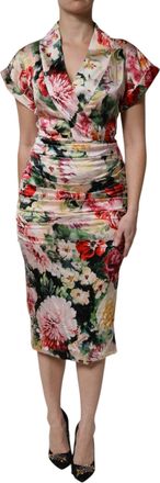 Dolce & Gabbana Womens Multicolor Floral Short Sleeves Sheath Midi Dress Silk Elastane