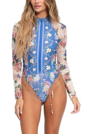 Agua Bendita Monti Ivy Long Sleeve Zip One-Piece Swimsuit in Blue at Nordstrom, Size X-Large