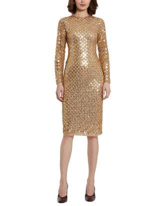 Mac Duggal Beaded Sequin Mesh Long Sleeve Fitted Midi Dress
