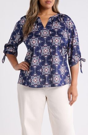 Jones New York Printed Tie Cuff Raglan Sleeve Cotton Top in Pacific Navy Multi at Nordstrom, Size 2X