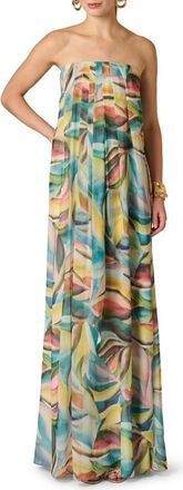 Adrianna Papell Print Strapless Chiffon Gown in Green Multi at Nordstrom, Size 10
