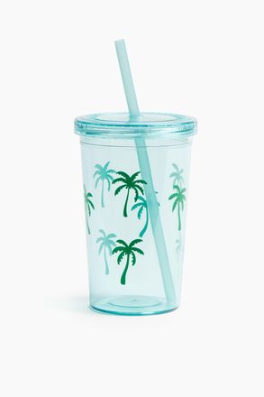 H&M Gemusterter Plastikbecher mit Trinkhalm - Turquoise