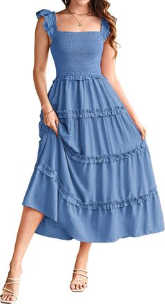 Grace Karin Maxi Dresses for Women UK Summer Casual Smocked Ruffle Straps Corset Maxi Dress Beach Party CLK028-5/Denim Blue S
