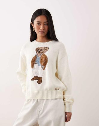 Polo Ralph Lauren Maglione in cotone color crema con orsetto-Bianco