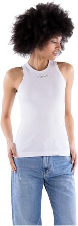 Pinko Distinct Ribbed Tank Top - Dames - Tops zonder mouwen - Wit - M - Katoen - Tops