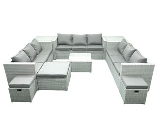 Fimous Rattan Garden Outdoor Furniture Set 12 Seater Rattan Garden Sofa Set with 3 Footstools 2 Side Tables Light Grey Mixed