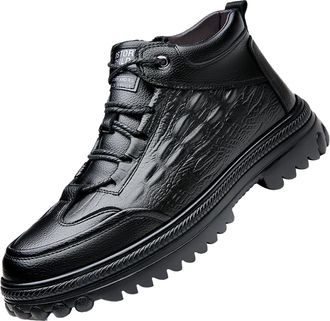 Generic MenS Winter Leather-Look Ankle Boots, Anti-Slip Thick Sole Walking Shoes, Warm Casual Lace-Up Outdoor Work Boots with Thermal Lining,Black,7.5 UK