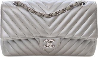 Chanel Silver Medium Classic Chevron Caviar Double Flap
