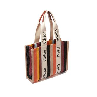 Chlo&eacute; Womens Signature Logo Striped Linen Tote Beige With Leather
