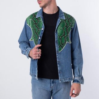 Bally Snakeskin Panelled Denim Shirt, Size Medium