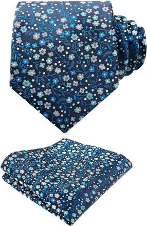 Alizeal Mens Floral Patterned Wedding Party Tie with Pocket Square 8cm Colorful Classic Business Tie Set, Navy+Teal+Gray