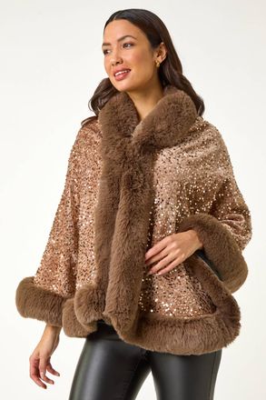 Roman Embellished Faux Fur Trim Cape